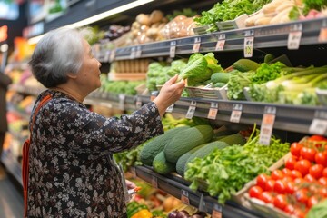 Elderly woman choose vegetable at grocery store market adult consumerism. - Powered by Adobe
