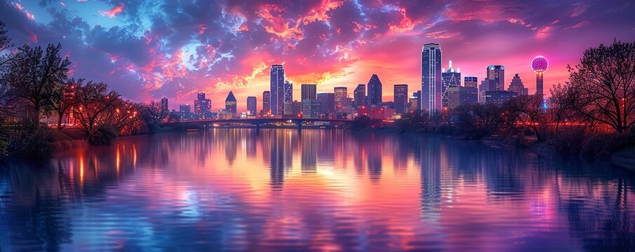 Skyline of Dallas, Texas reflecting in the Trinity River at dusk