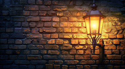 Vintage street lamp against a brick wall at night - obrazy, fototapety, plakaty