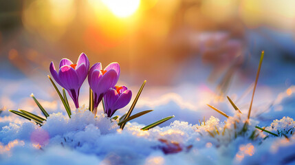 Violet crocus with snow at sunrise. First blooming snow