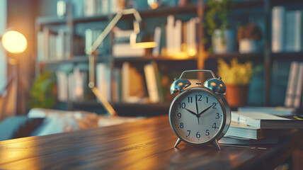 Vintage alarm clock on a table in a modern home office interior with a bookshelf and lamp on blurred background