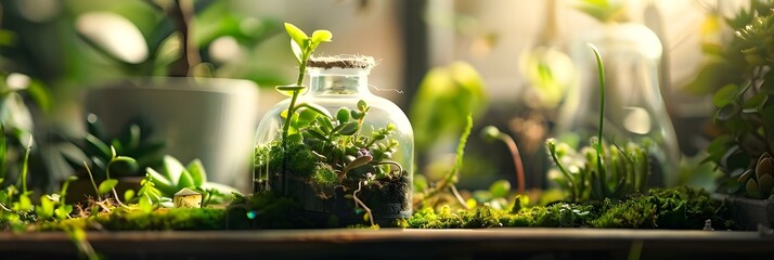Plants in glass vases are hanging on strings AI Generated