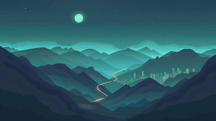 Starry night over mountain landscape with illuminated city