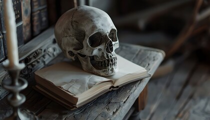  spell book and skull for Halloween night copy on black background AI Generated
