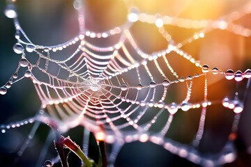 macro of dew distorted spider web intricately interwoven with digital illustration
