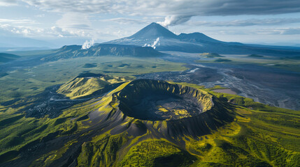 Volcano craters and black lava fields ne Tolbachik v - obrazy, fototapety, plakaty