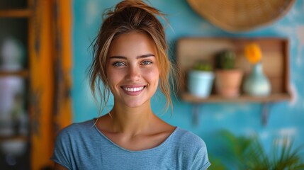 Woman Smiling in Front of Blue Wall