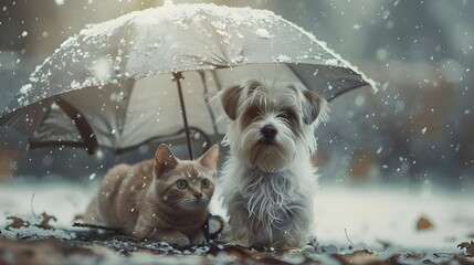 Poor sad hungry dirty homeless puppy and kitten sit in the street under umbrella in the rain AI Generated