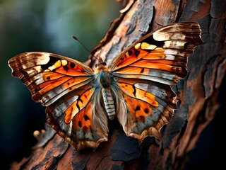 macro photography of a butterfly on a gnarled tree bark intertwined with vines texture