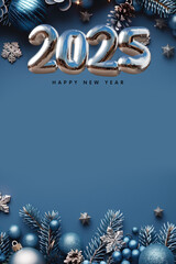 Fototapeta na wymiar Inscription Happy New Year 2025. Blue Christmas background with blue and silver decorations, pine branches. Place for text -04