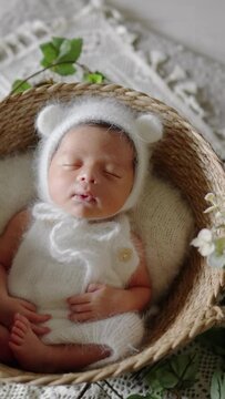 Vertical slow-motion video of a Taiwanese 8-day-old baby wrapped in a blue wrap taking a newborn photo青いおくるみに巻かれた台湾人の生後８日の赤ちゃんがニューボーンフォトを撮影されている縦長のスローモーション映像