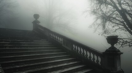 Staircase disappearing into mist, creating an ethereal atmosphere