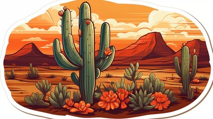 Vibrant Desert Sunset Landscape with Saguaro Cacti and Mountains