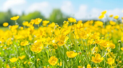 Fototapeta premium Bright yellow buttercups glow under the radiant sunshine, filling the frame with a warm, cheerful springtime landscape.
