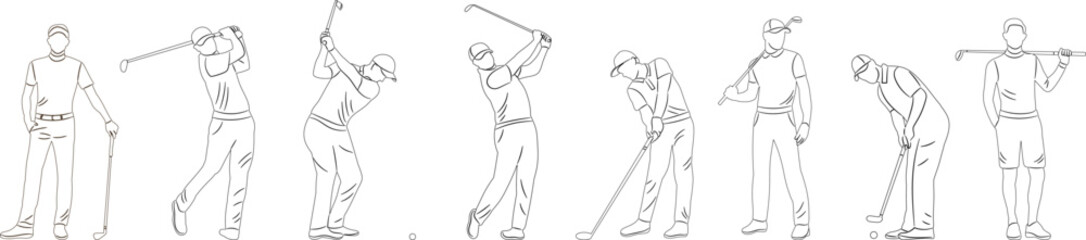set of golfer, man playing golf collection of sketches on white background vector - obrazy, fototapety, plakaty