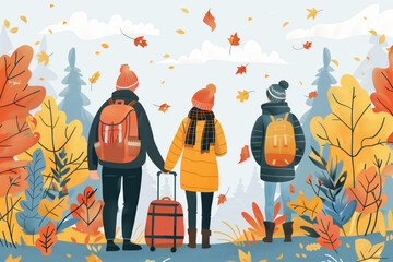 People are walking through a dense forest during autumn. The trees are adorned with colorful leaves as the couple continues on their journey in this flat illustration