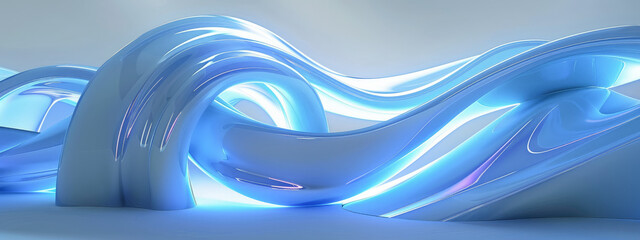 A blue and white abstract design with a wave-like shape