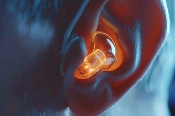 Ear hearing aid close-up shot: assistive device detail.