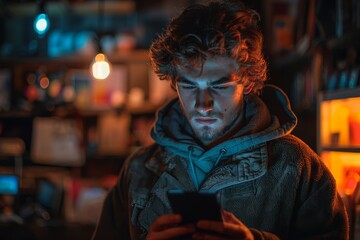 A moody scene shows a hooded person deeply engrossed in their smartphone amidst dark, ambient lighting