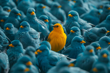 In a flock of identical blue birds, a bright yellow bird stands out, signifying individualism, uniqueness, and the bravery to be different in a conformist society.