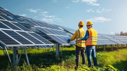 Two men standing in front of a row of solar panels