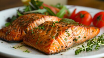 White plate with salmon and vegetables