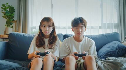 Couple sitting on couch with remotes