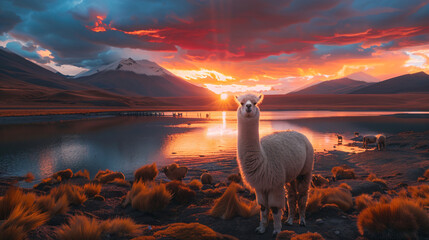 Fototapeta premium White alpacas on Laguna Colorada in Altiplano Bolivia.