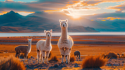 Fototapeta premium White alpacas on Laguna Colorada in Altiplano Bolivia.
