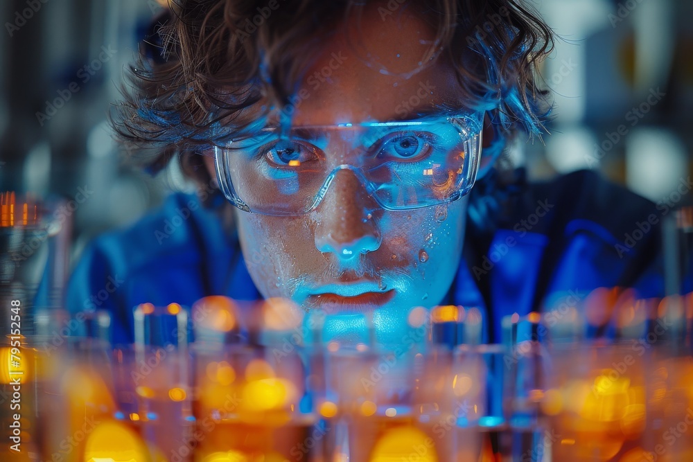 Poster close-up of a concentrated scientist analyzing multiple colorful liquid samples in a lab setting imp