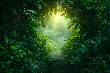 Southeast Asia's dense tropical jungles, tunnelling through lush greenery, extra wide background banner