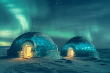 Aurora borealis. Northern lights in winter mountains. Wintry scene with glowing polar lights and snowy igloo.