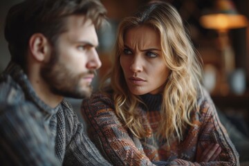 Fototapeta premium A man and a woman in a cozy setting engaged in a serious discussion, wearing knitted clothing with tense expressions