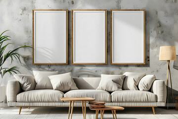 Mock-up Living Room: Three Wooden Poster Frames Hung on Wall