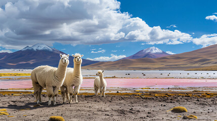 Fototapeta premium White alpacas on the shore of lake Laguna Colorada 