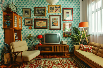 Vintage Living Room: TV, Couch, Armchair, Retro Decor