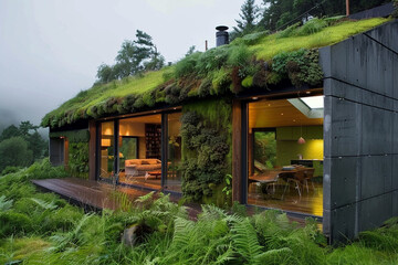 A sustainable home with green walls and a living roof, blending seamlessly with its natural surroundings.