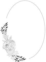 Hand drawn circular frame with peony flowers, roses, poppy, leaves and branches.