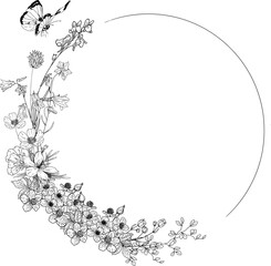 Hand drawn florals Circular Frames. wild flowers, butterfly, apple blossom, leaves and branches.