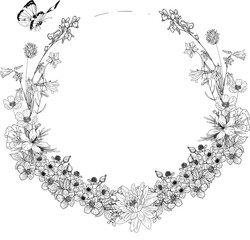 Hand drawn florals Circular Frames. wild flower, butterfly leaves and branches.