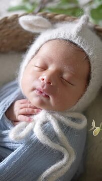 Vertical slow-motion video of a Taiwanese 8-day-old baby wrapped in a blue wrap taking a newborn photo青いおくるみに巻かれた台湾人の生後８日の赤ちゃんがニューボーンフォトを撮影されている縦長のスローモーション映像