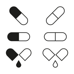 Medication capsule icons. Liquid medicine drop. Pharmaceutical symbols. Vector illustration. EPS 10.