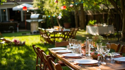 Backyard barbecue backdrop with tables set for July 4th feasting