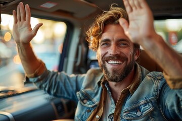 Close-up of a cheerful bearded man with a denim jacket waving inside a car, with warm sunset lighting