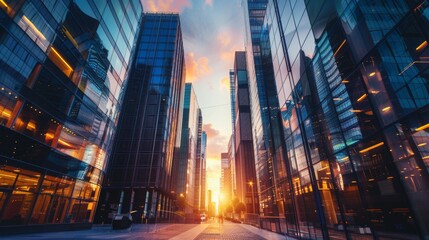 Business district at sunrise with morning light illuminating skyscrapers