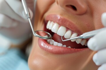 Close view of dental instruments inspecting a patient's perfect white teeth ensuring oral health