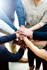 Business people, hands and pile for teamwork solidarity or partnership as b2b project, target or goals. Colleague, circle and tech startup or community collaboration with stack, huddle or support