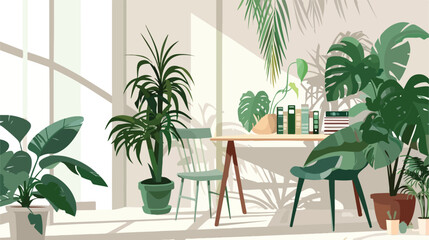 Beautiful houseplants with books on table and chair n