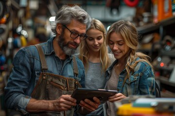 An older male artisan in apron shows a digital tablet to two young female apprentices in a workshop