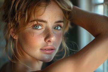 Extreme close-up of a young woman with freckles, wet hair, and piercing blue eyes looking pensive